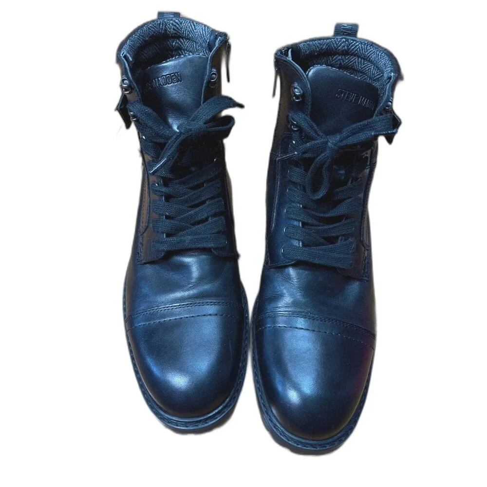 Steve‎ Madden Snyder Black Leather Cap Toe Lace Up Side Zip Combat Boots Mens 12